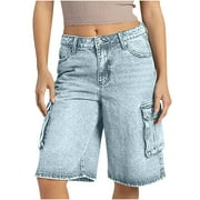 Women's Hiking Cargo Shorts Travel Solid Color Casual Pocket Button Straight Denim Work Pants